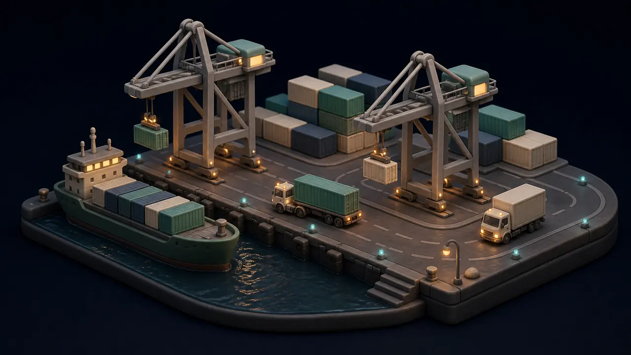 Night view of a European logistics facility and loading docks.